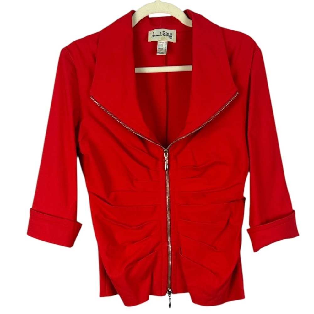 Joseph Ribkoff Red Ruched Zip-Front Jacket Portrait Collar Size 12